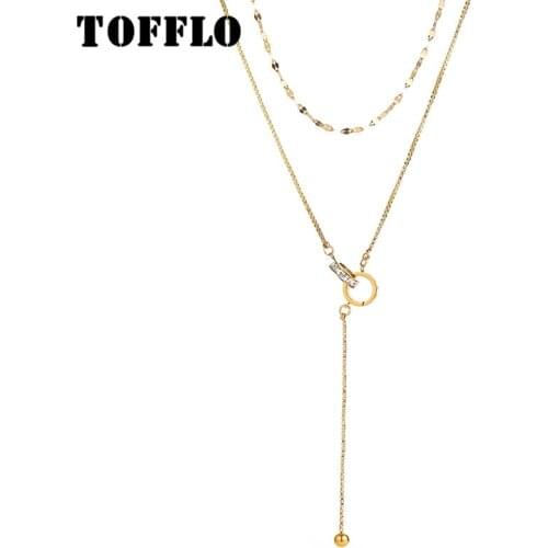 TOFFLO Stainless Steel Jewelry Zircon Double Layered Necklace Female Fish Mouth Chain Roman Double Loop Sweater Chain BSP956