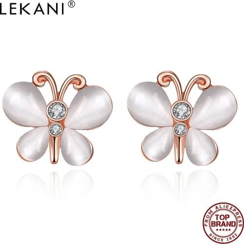 LEKANI Romantic Butterfly Stud Earrings For Women Shine Czech Drill Rose Gold Color Animal Earring Engagement Fashion Jewelry