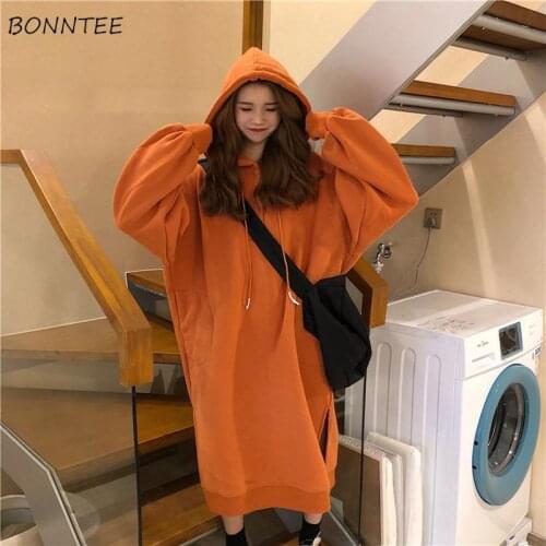 With Hat Sweatshirts Women Oversize Hoodies Lantern Sleeve Simple Thicker Ulzzang Solid Kawaii Loose Plus Velvet Fashion Autumn