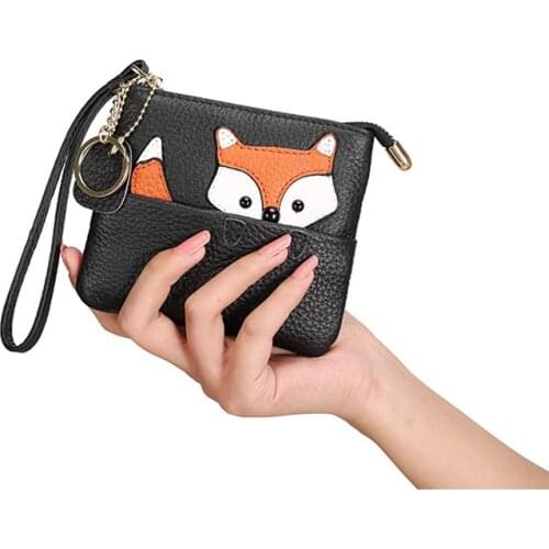 Cartoon Fox Coin Purse Women Ultra-Thin Mini Leather Zipper Coin Short Wallet Wrist Pocket Keychain