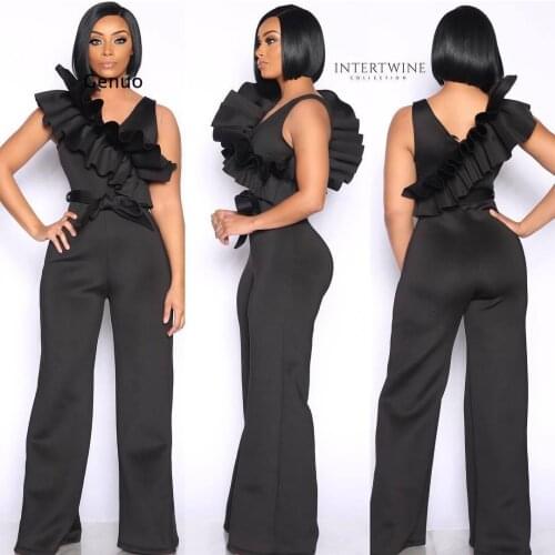 One Shoulder Scuba Ruffles Wide Leg Jumpsuit Yellow Sleeveless Belted One Piece Overalls Women Plus Size Long Office Catsuit