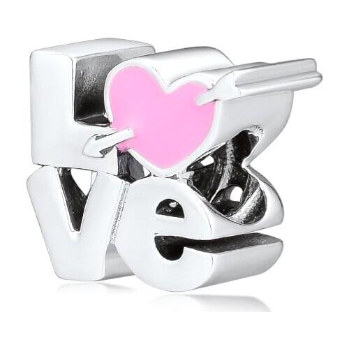 Fandola CKK Pink Love Script charm with Arrow 925 Sterling Silver Fits Pandora Bracelet Charms for Jewelry Making Lady Gift