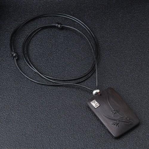 Ethnic Style Ebony Pendant Necklace for Women Auspicious Lotus Sweater Chain Gift Souvenir