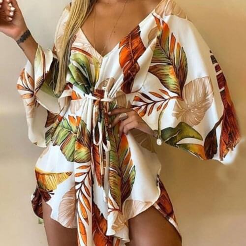 Fall Women Clothing Casual V-neck Lace Up Print Mini Dress Irregular Batwing Sleeve Loose Dresses Women Sexy Leopard Robe Femme
