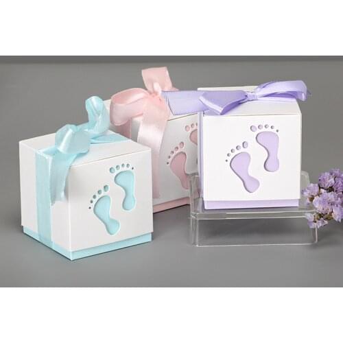 10Pcs/Lot 6*6*6cm Sky Blue Pink Baby Feet Candy Box Gift Box Package Wedding Party Favor Candy Bags With Ribbon