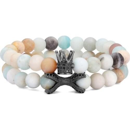 2pcs/lot 8mm crown gold silver copper cz zircon cubic zirconia beads bohemian Bracelet agate Onyx Stone Bangles fg3