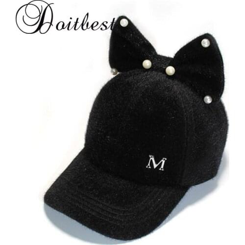 Doitbest Parent-child caps Bow pearls baseball caps winter hat for women men Adjustable warm ladys Snapback cap