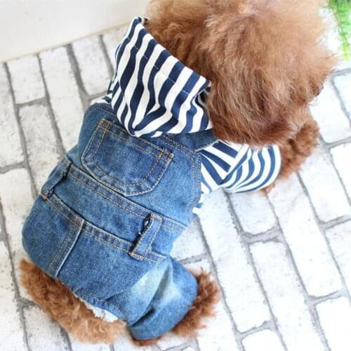 Pet Dog Spring Summer Suspender Trousers Beautiful Hooded Dog Pet Clothes Cowboy Leotard Striped Jeans Dog Clothes DC706