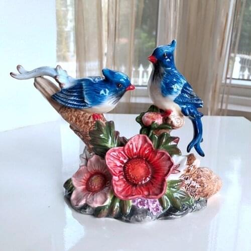 RUSTIC PORCELAIN COUPLE MAGPIE FIGURINE HAND COLORED CERAMICS LUCKY BIRD LOVERS MINIATURE DECOR GIFT CRAFT ORNAMENT FURNISHING