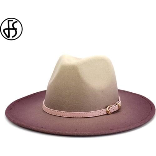 FS Men Women Wool Two-color Gradient Fedora Hat Wide Brim Felt Panama Jazz Cap Pink Belt Buckle Elegant Lady Church Party Hats