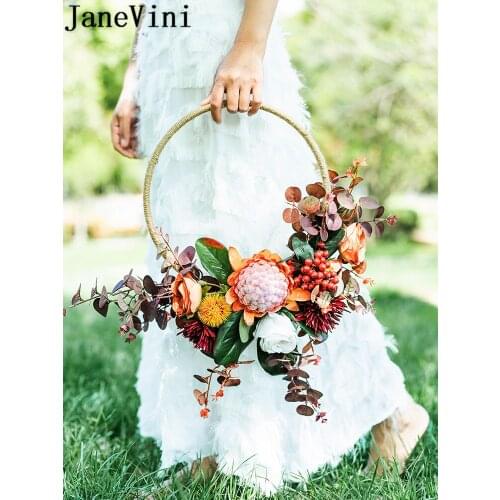 JaneVini Artificial Flower Wreath Vintage Autumn Elgant Bridal Bouquets Wedding Flowers Bride Portable Round Garland fleurs rose