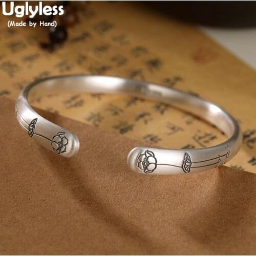 Uglyless China Chic Chinese Blesses Bangles for Women Ethnic Vintage Jewelry 999 Silver Open Bangles Thai Silver Lotus Mantra