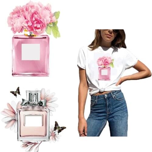 Beautiful Flower Butterfly Bottle Patch Iron On Heat Transfers For Clothing DIY Girl T-shirt Strips Sticker Applique On Clothes