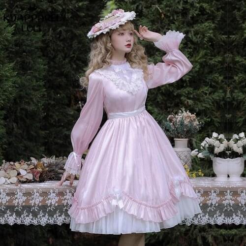Sweet Lolita Women OP Dresses Cute Girls Long Sleeve Petal Ruffles A-Line Knee-Length Pure Color Streamer Yarn Cosplay Tea Party