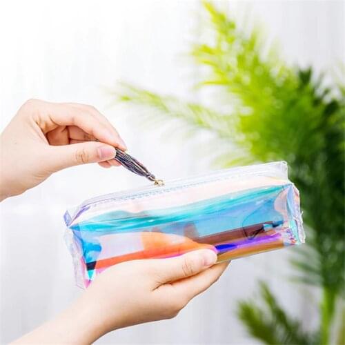 Transparent Harajuku Hologram Metallic Color Laser Pencil Case Tassel Zipper Pencilcase Bag Woman Cosmetics Makeup Purse Handbag