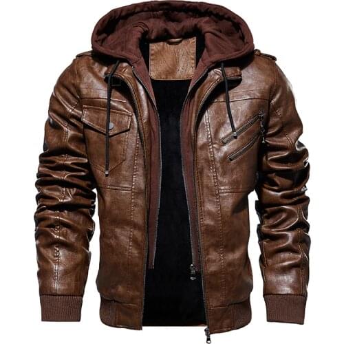 Mens Winter Warm Fleece Jackets and Coats Men Hat Detachable Leather Jackets Outwear Motorcycle PU Faux Leather Jacket M-4XL