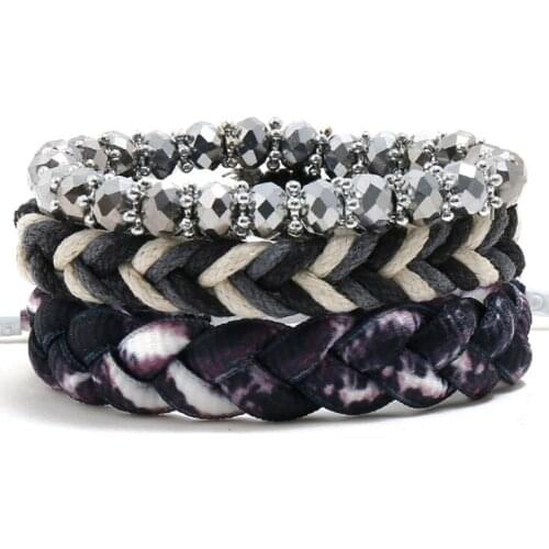 Punk Rock Fashion Cuff Bracelet Set Vintage Crystal Beads Charm Hippie Wrap Bangle Briaded Leather Wristband Casual Jewelry Gift