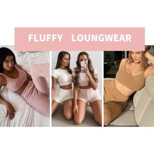 2020 Fluffy Loungewear Women Sexy 2PC Fur Suit Soft Sweater Knitted Suit Casual Lounge Homewear Outfits Pajamas Undefined Set