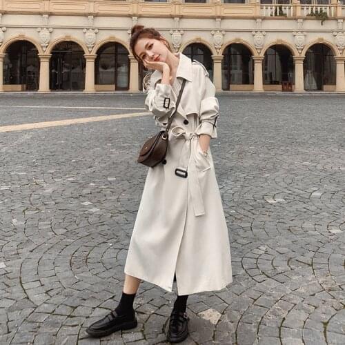 2021 Women Trench Coat Casual Womens Long Outerwear Loose Overcoat with Belt Winter Fashion Double-breasted Windbreaker Femme