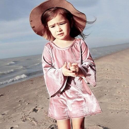 Baby girls dress spring 2018 new flare sleeve baby girls clothes pink velvet long sleeve baby vestidos toddler girls clothing