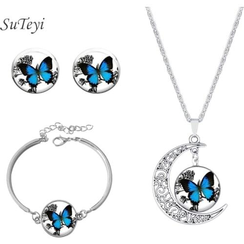 SUTEYI White And Blue Butterfly Moon Necklace Art Picture Glass Stud Earrings Bracelet Jewelry Set Sets For Wedding For Gift