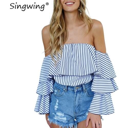 Singwing Women Ruffles Slash neck Blouses Summer womens Striped Shirts Casual Females Flare Sleeve Tops Shirts