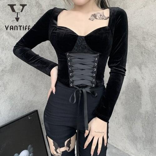 Women Clothes Europe and the United States Autumn and Winter New Sexy Waist Show Chest Top Ins Womens Strap Long-sleeved T-shirt