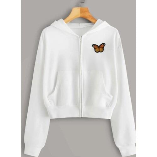 Women Embroidery Butterfly Sweatshirt Long Sleeve Zipper Pocket Shirt Hooded Top Casual Pullover Summer Autumn Fashion Clothing