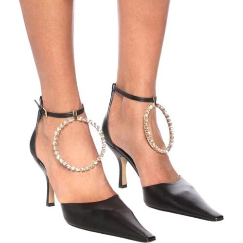 OLOMLB Womens Pointy Toe Rhinestones Circle Crystal Ring Decor Stilettos High Heel Pumps Shoes Sexy Heels Black New 2021