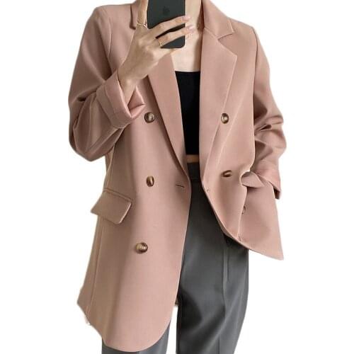 Pink Suit Jacket Female 2021 New Spring and Autumn Women Loose Wild Casual Double-breasted Design Blazers Coat NS2542