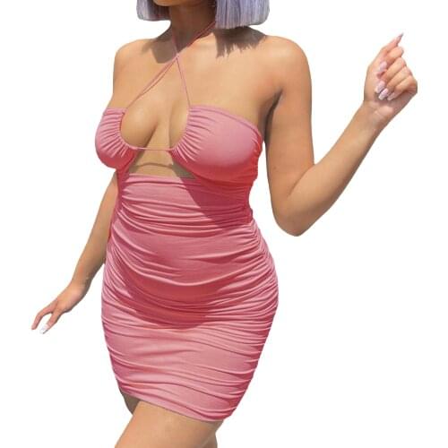 Women Close-fitting Hollow Out Dress, Solid Color Halter Neck Sleeveless , Brown/ Blue/ Pink