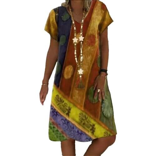 Plus Size Women Dress Vintage Printed Skin-friendly Summer Short Sleeve V Neck Summer Dating Elegant Party Dresses