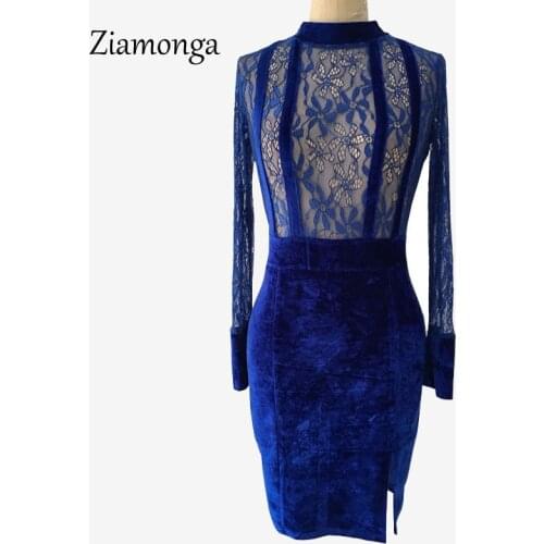 2017 New Fashion Women Autumn Winter Long Sleeve Blue Velvet Lace Dress Hollow Out Knee Length Party Bodycon Bandage Dress C2315