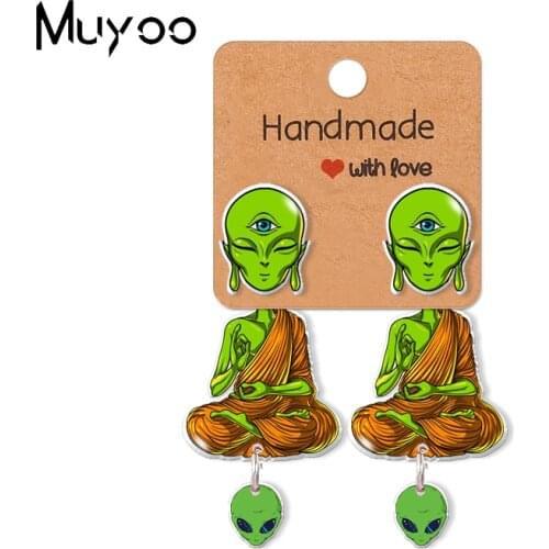 2021 New Funny Cool Aliens Buddha Buddhism Meditate Meditation Epoxy Acrylic Earrings Handcraft Stud Earrings