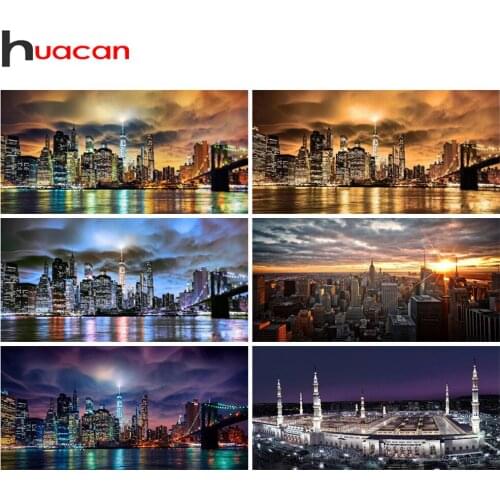 Huacan 5d Diamond Painting City Night Scenery Home Decor Mosaic Town Building Landscape Embroidery Wall Stickers