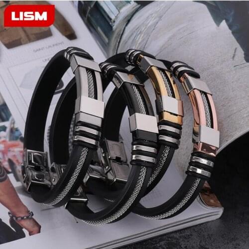 Stainless Steel Silicone Black Bracelet Men WristBand Punk Style New Design Men Bracelet Simple Rubber For Pulsera Hombre