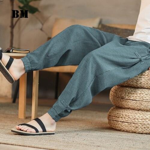 Chinese Style Thin Ice Silk Casual Pants 2021 Summer Retro Jogging Pants Men Clothing Loose Plus Size Harem Trousers Male