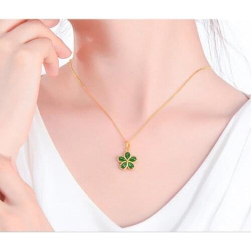 Trendy Lady 925 Sterling Silver Chain Necklace For Women Jewelry Charm Crystal Green Flower Pendant Necklace Girls Gold Bijou