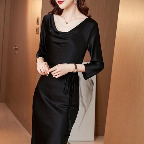 Black Pink Green White Silk Dresses Women Fashion 2021 Summer Long Casual Sexy Office Work Daily Dress Plus Size Slim Fit A Line