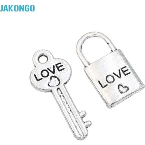 JAKONGO Antique Silver Plated Lock Key Love Heart Charms Pendants for Bracelet Jewelry Making DIY Necklace Craft