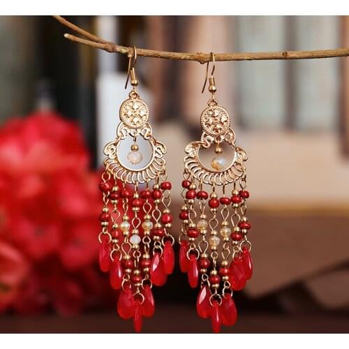 Fashion Bohemian Long Earrings Women Holiday Summer Fan-shaped Red Crystal Bead Tassel Dangle Wedding Earrings Indian Jewelry