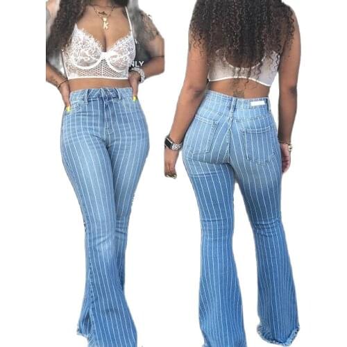 Fashion Striped Woman Flare Jeans Elastic Skinny Denim Wide-Leg Flare Pants Street Hipster Ripped Trousers S-2XL Drop shipping