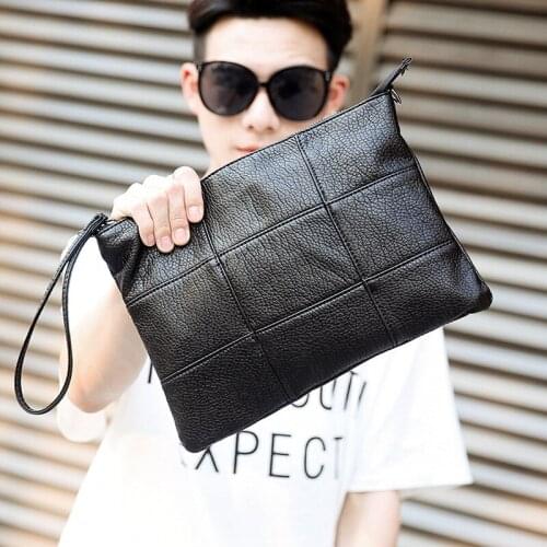 PU leather Mens clutch bag popular black zipper man money phone shoulder bag fashion checkered pattern casual nightclub handbag