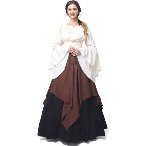 2019 New Halloween Women Medieval Cosplay Costumes Gothic Retro Victoria Middle Ages Carnival Long Sleeve Pleated Corset Dress
