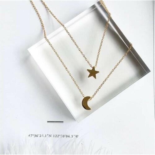 Popular Necklace Womens Double Layer Chain Pendant Gold Choker Long Silver Color Star And Moon