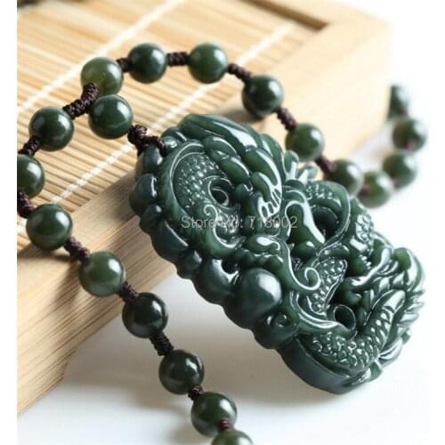 Nature Bottle Green jade Carven Dragon Pendant Mala Bead Hanging Necklace Sapphire Amulet TALISMAN