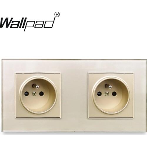 Crystal Tempered Full Glass Panel 16A Double EU French Wall Power Socket Grounded With Child Protective Lock Gold Wallpad