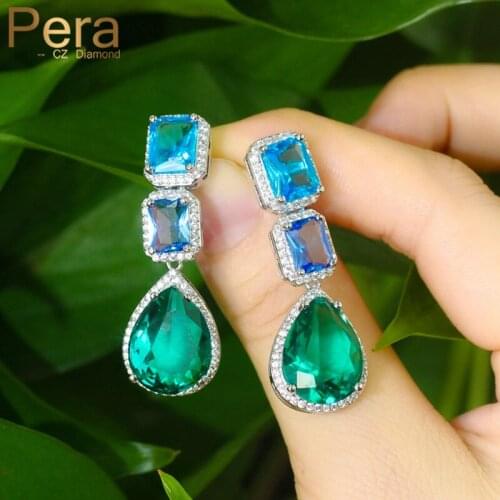 Pera Elegant Light Blue Green Cubic Zirconia Princess Cut Dangle Tear Drop Earrings Long Women Fashion Summer Party Earings E585