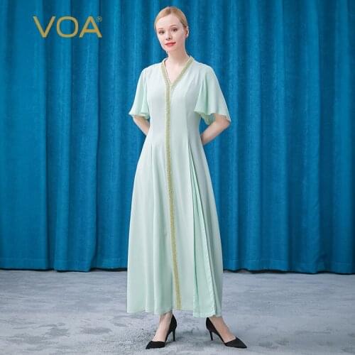 VOA Silk 30M/m Heavy Mint Green Lotus Leaf Sleeve Pair Silk Fold Three-dimensional Decoration Slim Temperament Dress AE751