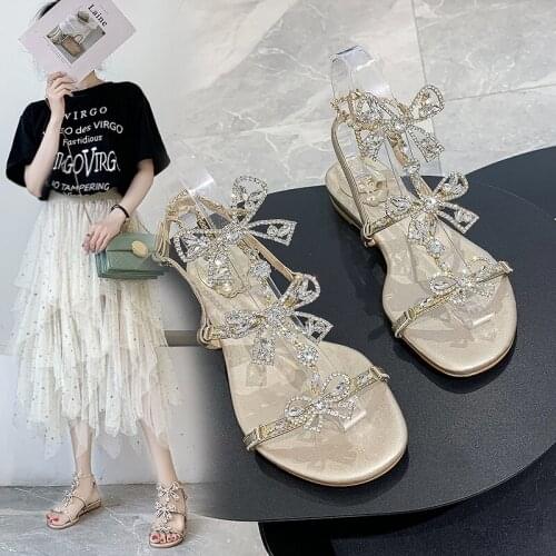 Rhinestone low-heel sandals 2021 summer new womens flat soft bottom open-toed bow sandals all-match banquet dress Roman shoes